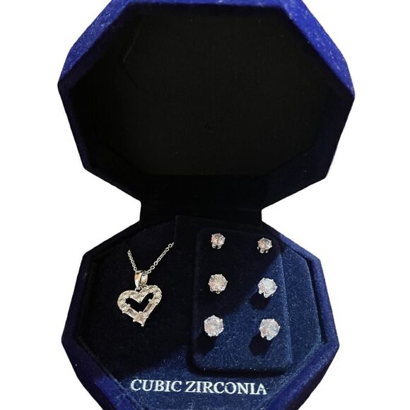 Silver Plate Cubic Zirconia Heart Necklace and Stud Earring Set - Picture 1 of 3